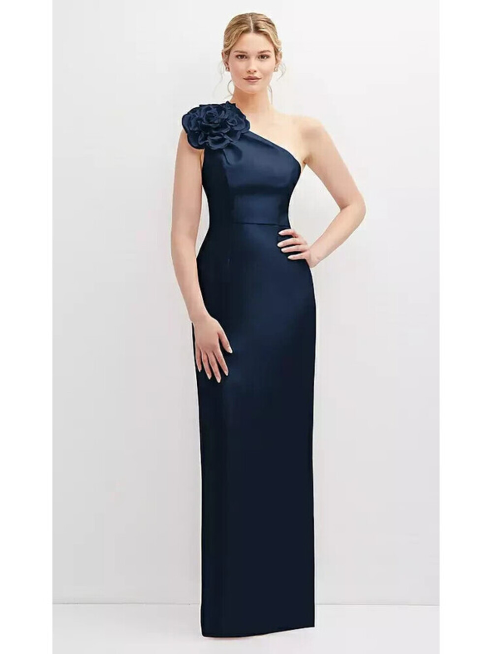 Alfred Sung Midnight Blue Flower One-Shoulder Column Gown Dress Size 6 $289